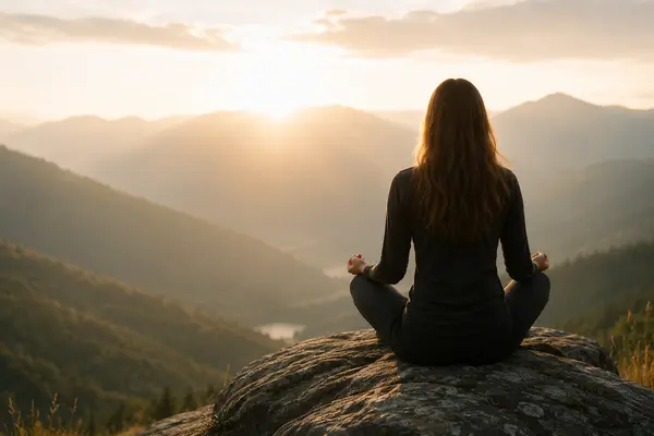 Person meditating on a mountain ridge at sunrise
