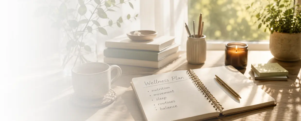 Desk with wellness planning notebook