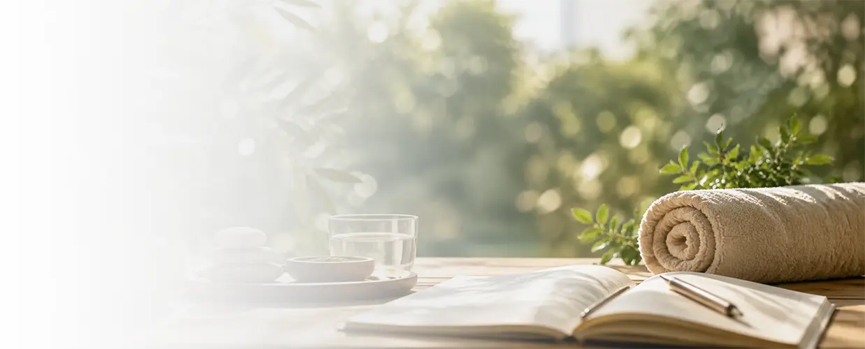 Notebook, pen, and rolled towel on a table with greenery in the background